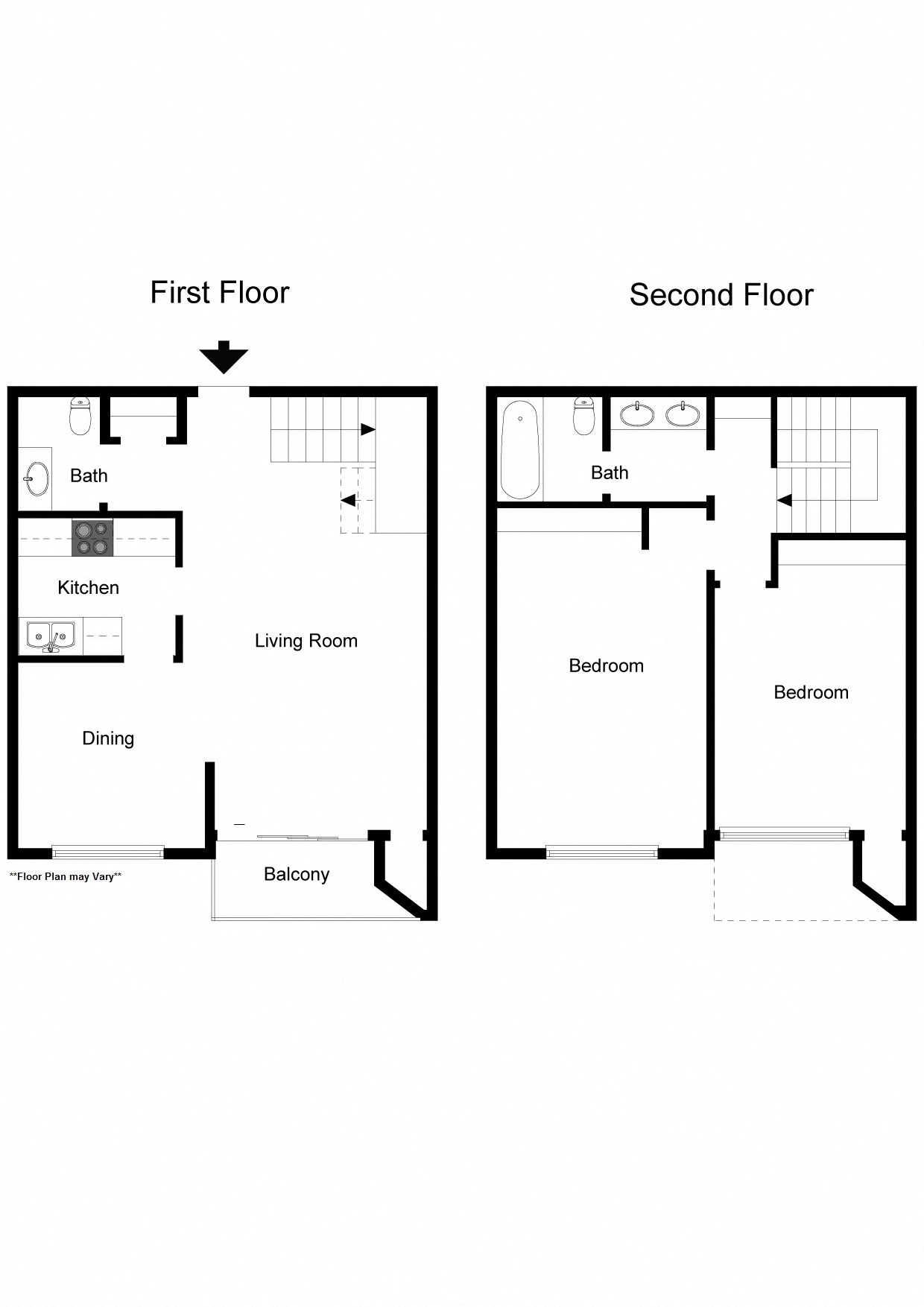 Floor plan for 2 beds, 1.5 baths, 1026 sqft